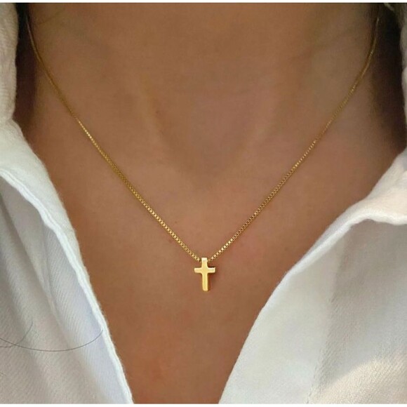 Gold Cross Necklace 14K Gold Plated Baptism Gift Cross Necklace Dainty Pendant - Picture 1 of 7